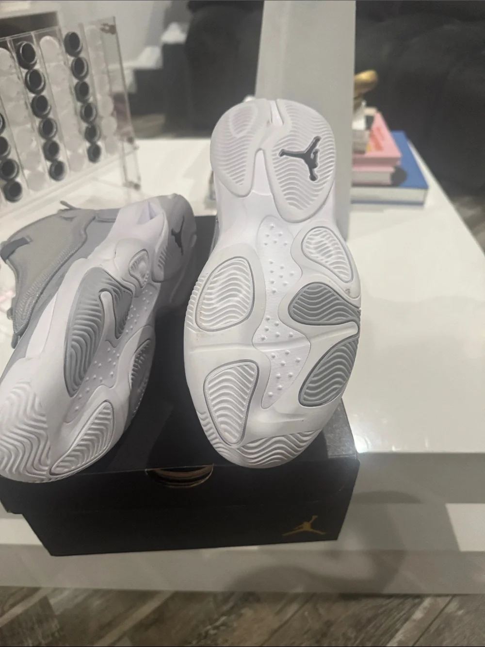 Jordan Youth Glossy Grey and White Retro Basketball Sneakers